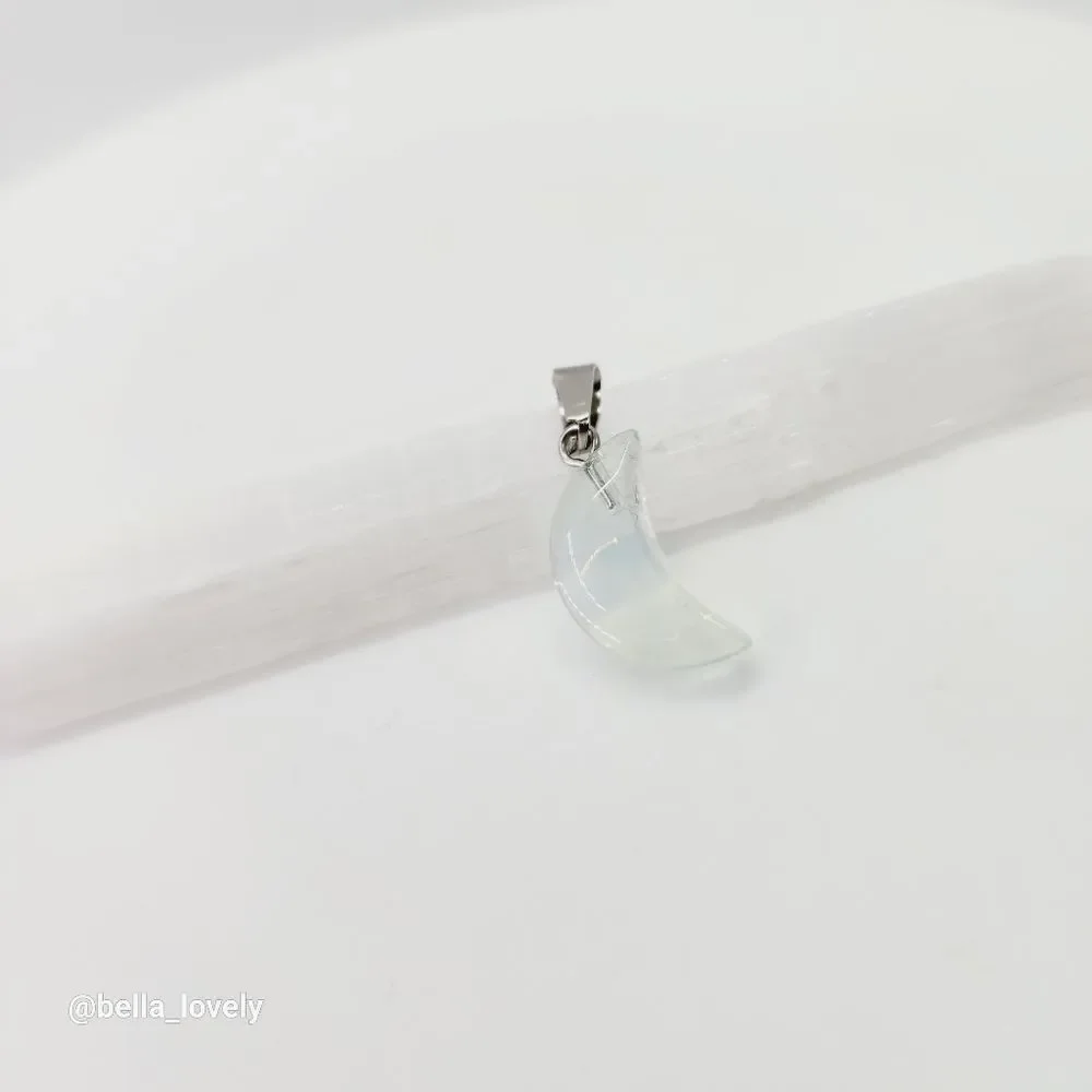 Petite Opal Opalite Moon Crescent Moon Shaped Pendant with Silver Toned Bail